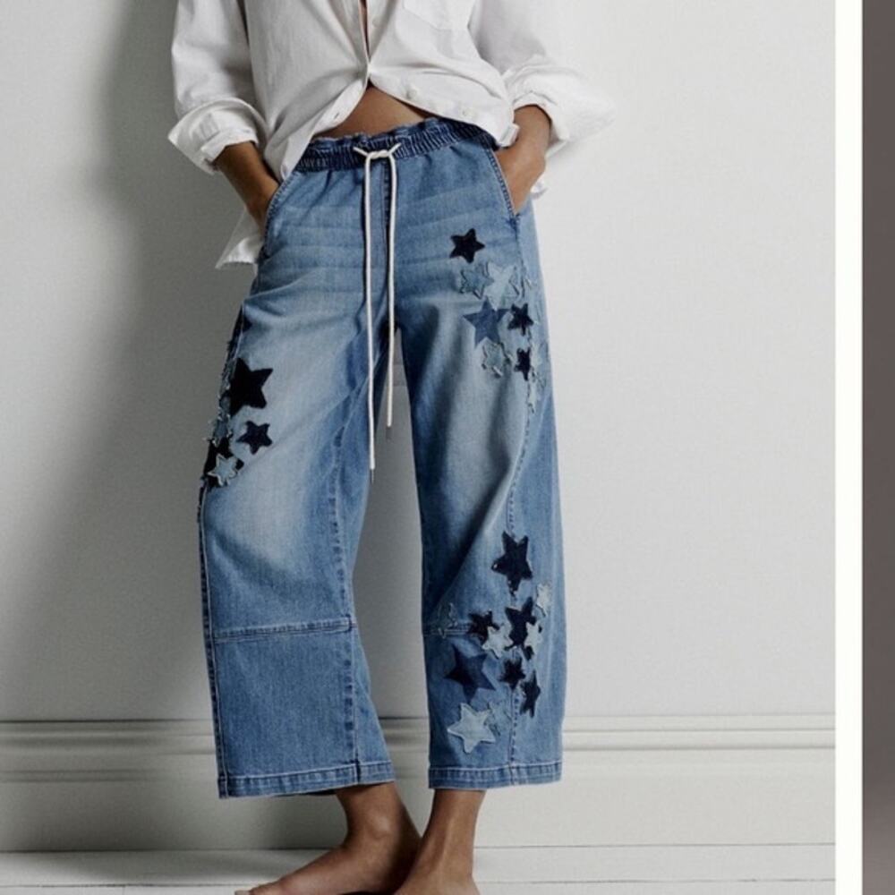Anthropologie Light Blue Star-Appliqué Wide-Leg Jeans with Drawstring